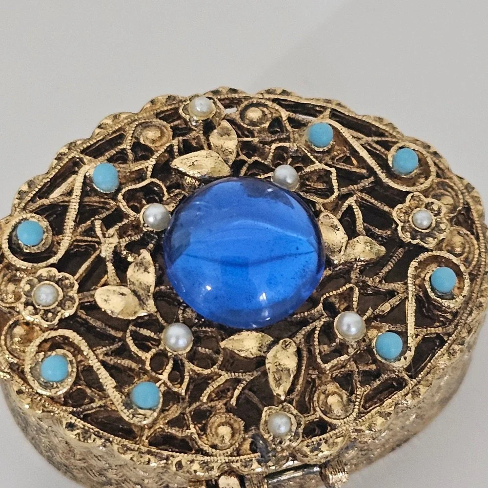 Vintage Gold Tone Filigree Pill Box Set Turquoise Blue Cabochon Faux Pearl 2pc